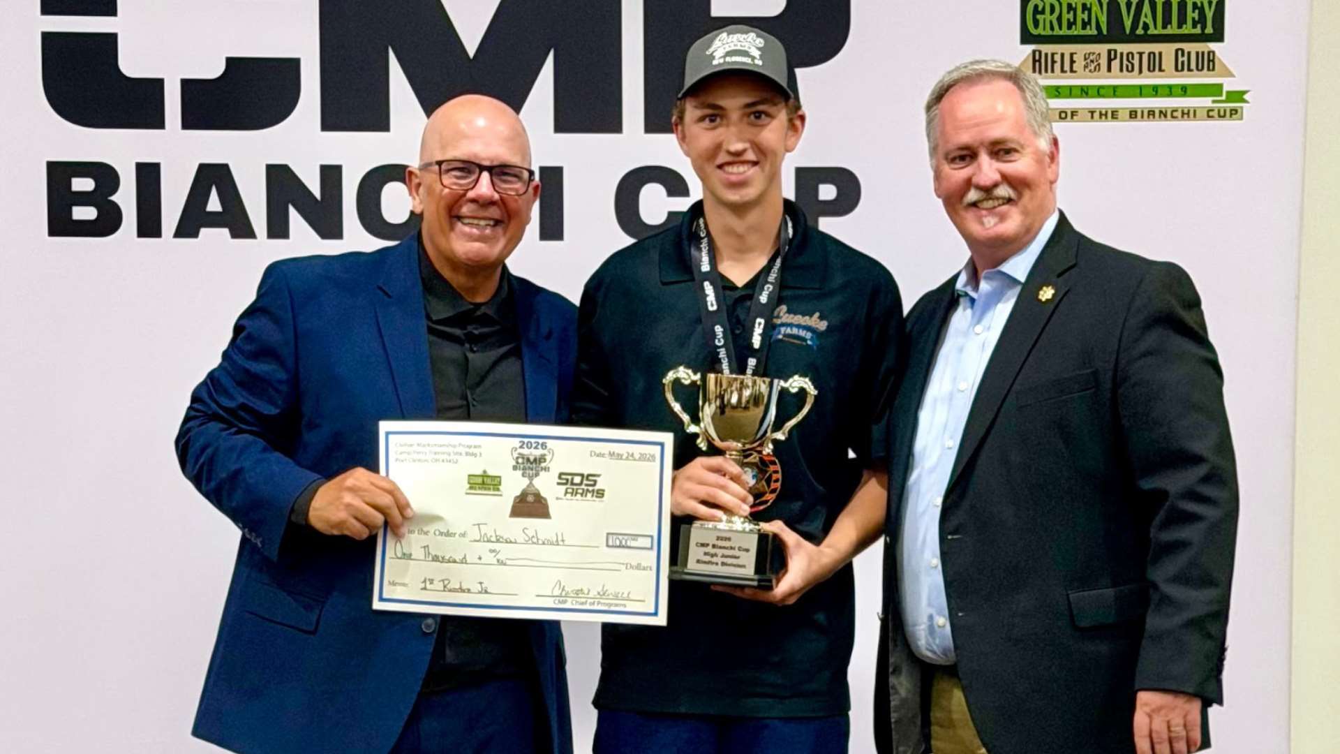 Jackson Schmidt holding his Junior Rimfire trophy at the 2026 Bianchi Cup awards cermemony