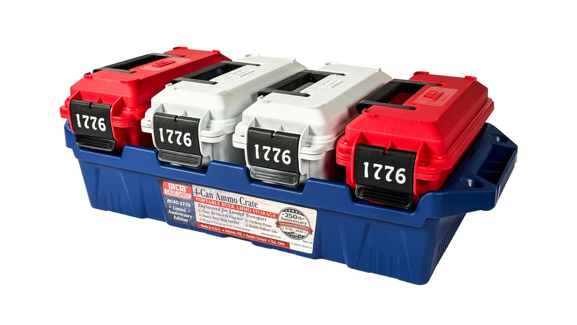 MTM America250 4-Can Ammo Crate with red and white .30-caliber ammo cans marked 1776 secured in a blue limited anniversary edition tray