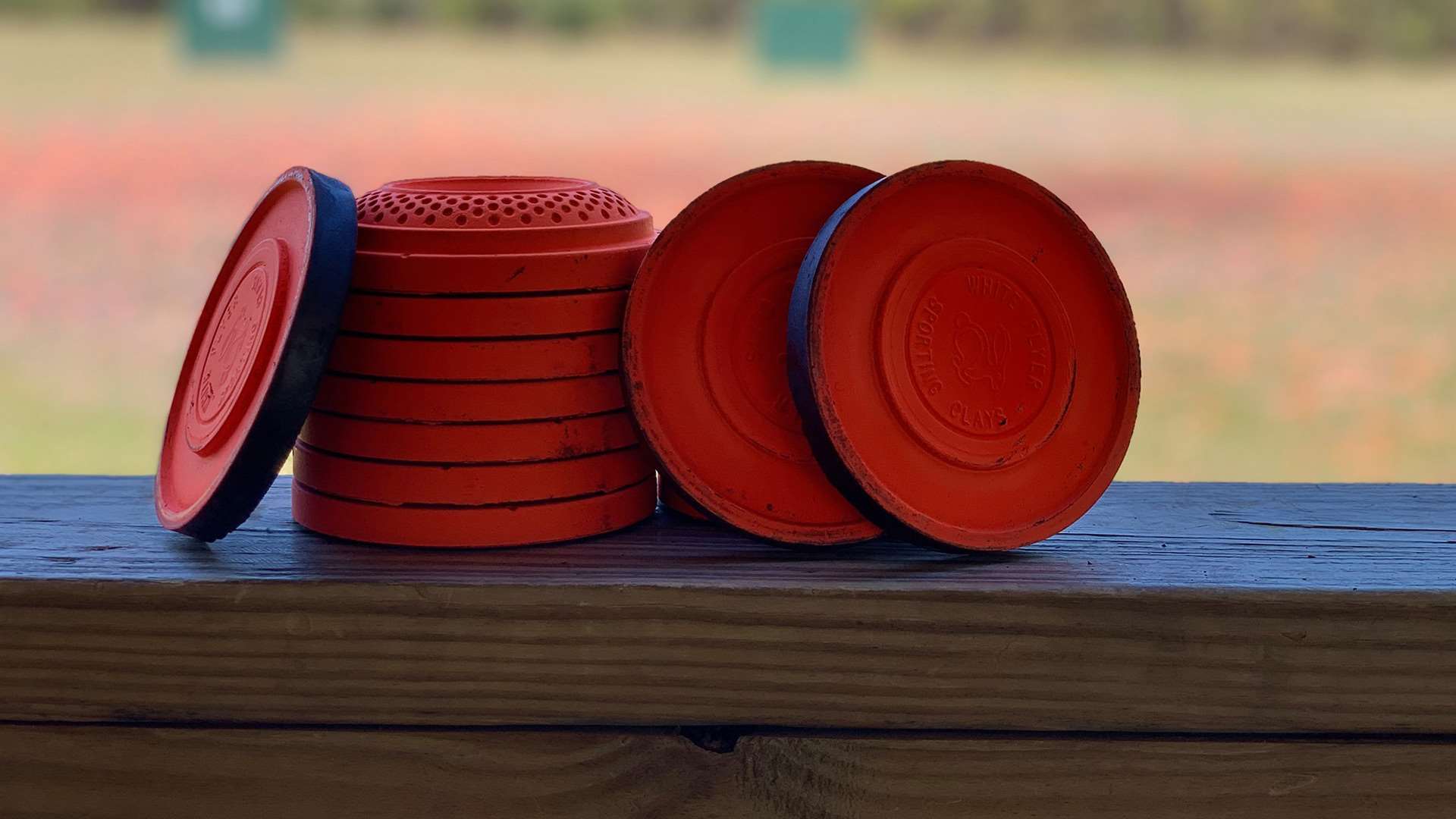 Clay pigeons on a wooden rail