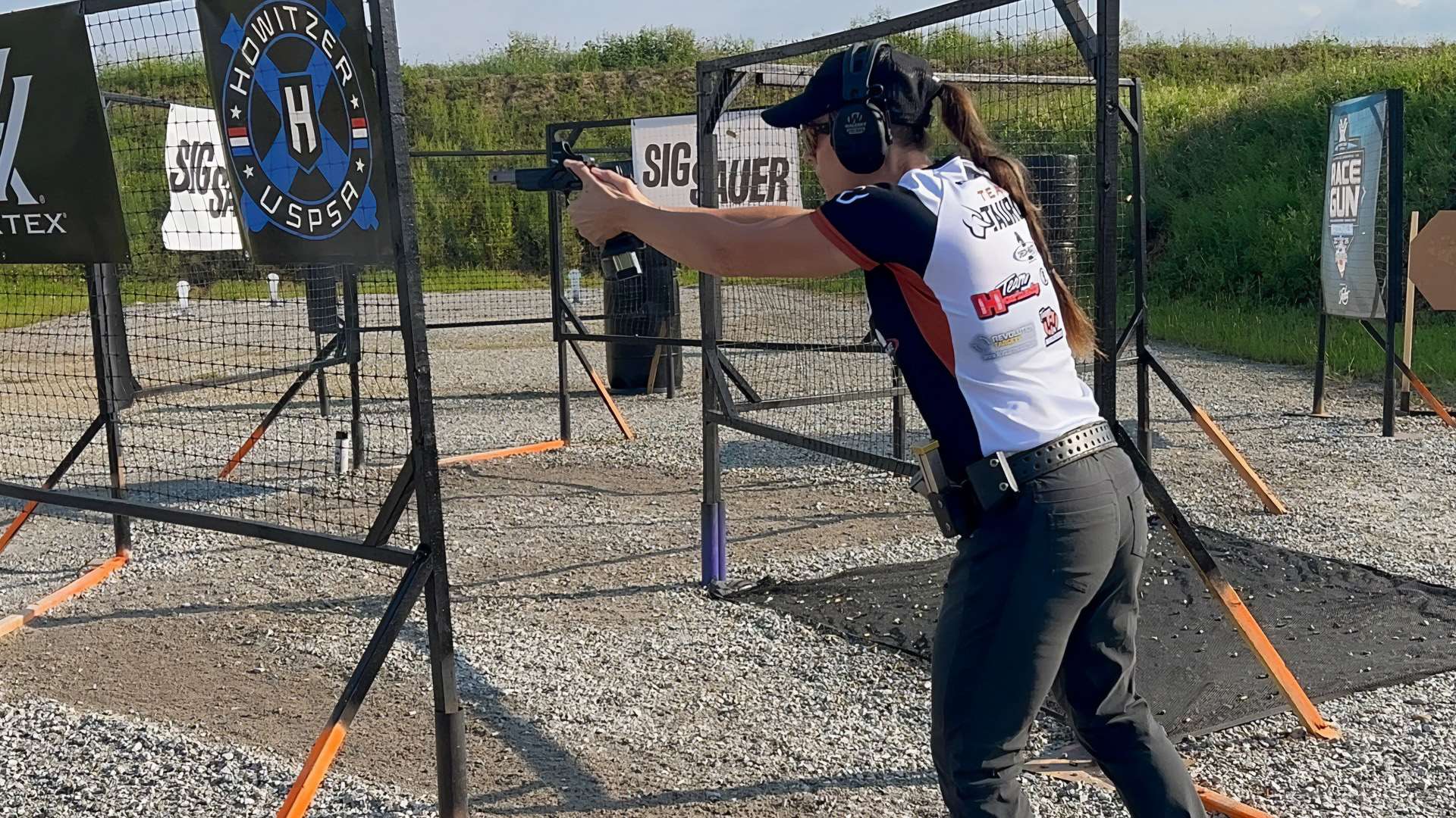 Jessie Harrison shooting a stage in Open division at the 2026 USPSA Race Gun Nationals in Marengo, Ohio