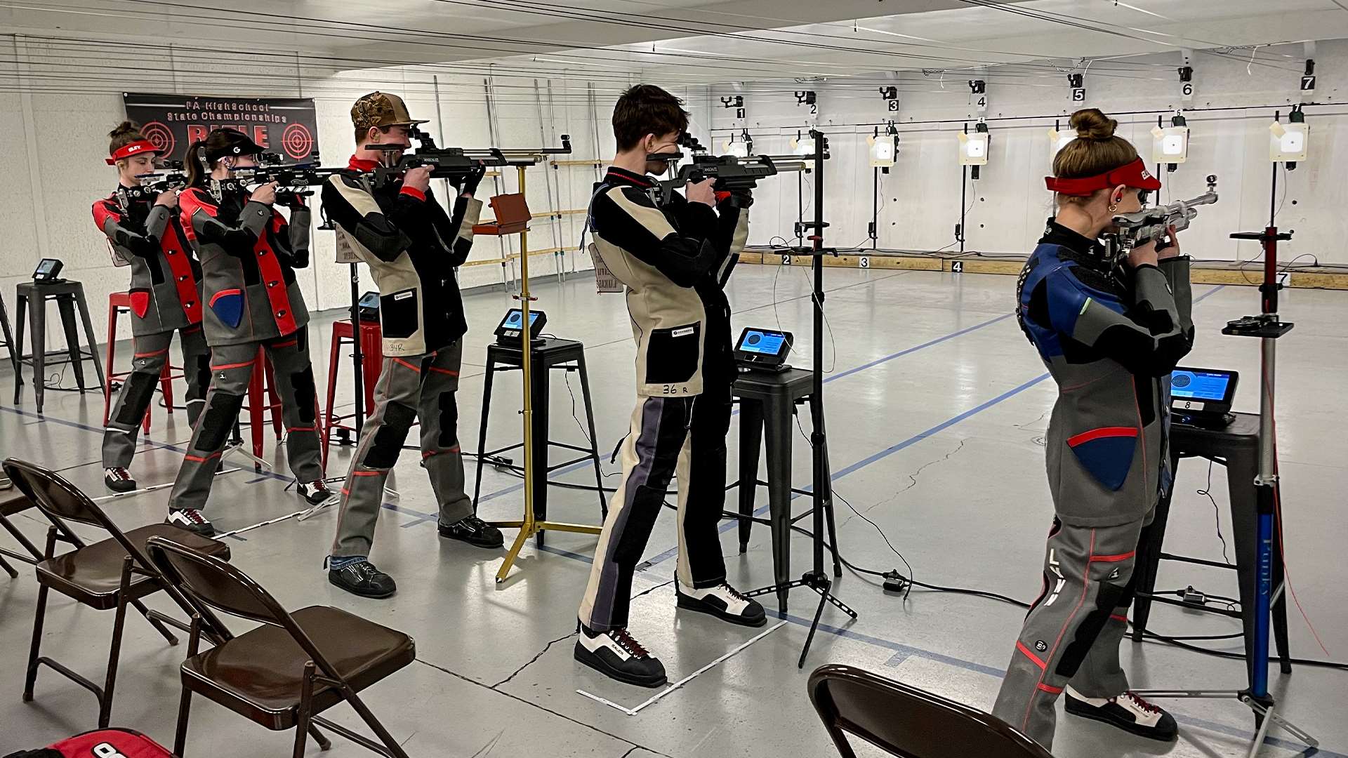 2026 Pennsylvania Interscholastic 3-Position and Air Rifle State Championship competitors on the air rifle firing line