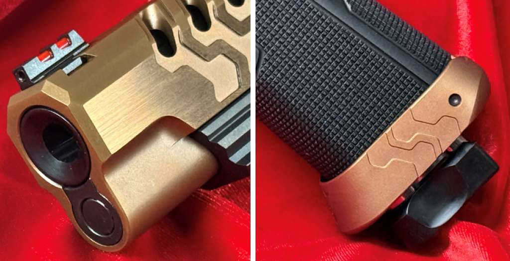 Kimber 2K11 Target (OR) detail showing the Stan Chen Custom magazine well on the aluminum grip module