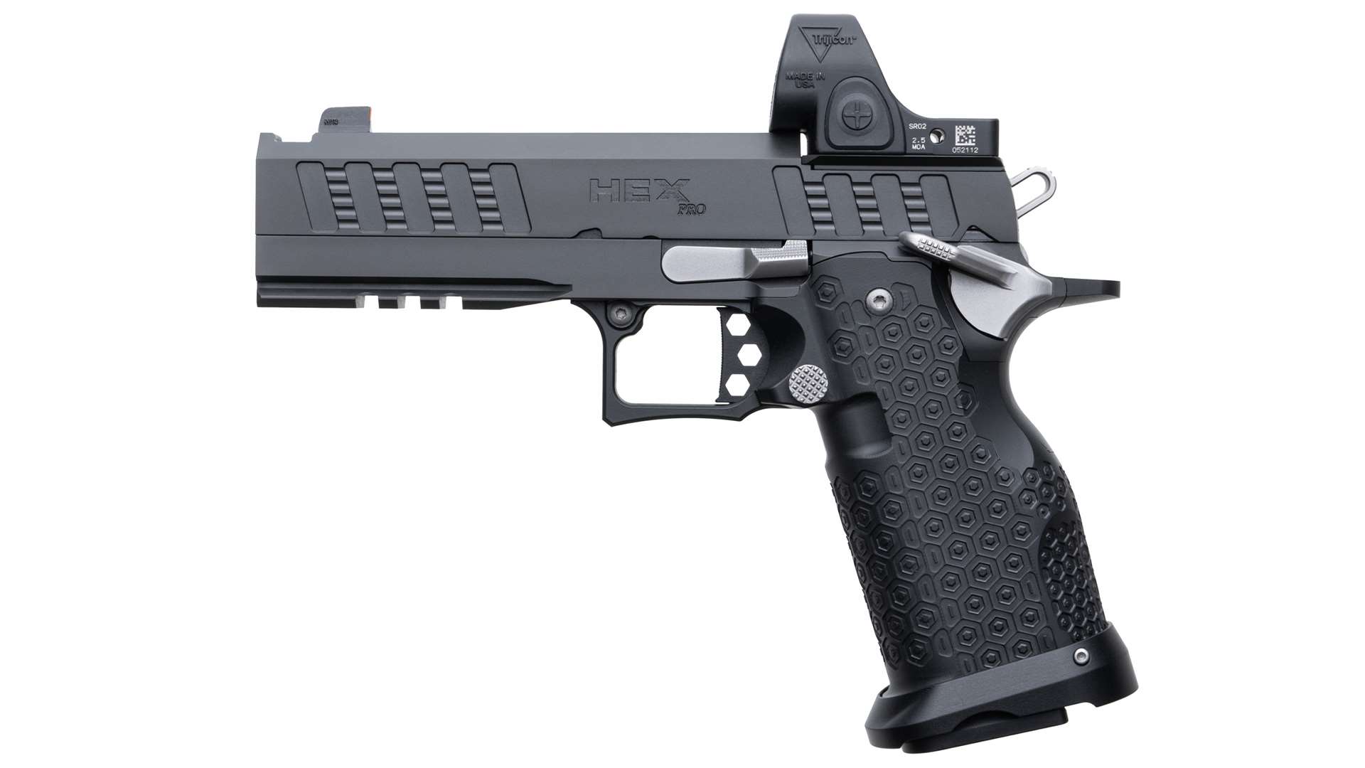 Jacob Grey Hex Pro 2011 handgun with optic, left-side view