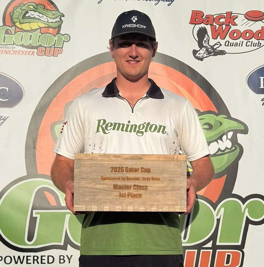 Turner Parcell of Team Remington with trophy plaque at 2026 Gator Cup at Back Woods Quail Club in South Carolina