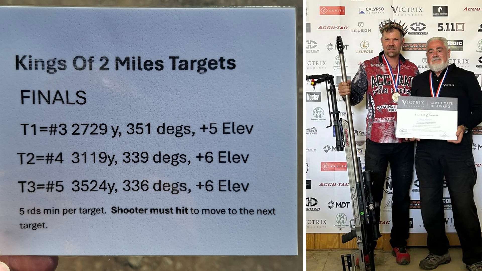 Handheld laminated card listing King of 2 Miles finals targets at 2,729, 3,119 and 3,524 yards, with Rusty Newton in a crown and medal standing with a long-barreled ELR rifle beside a man holding a Victrix certificate, in front of a King of 2 Miles sponsor backdrop