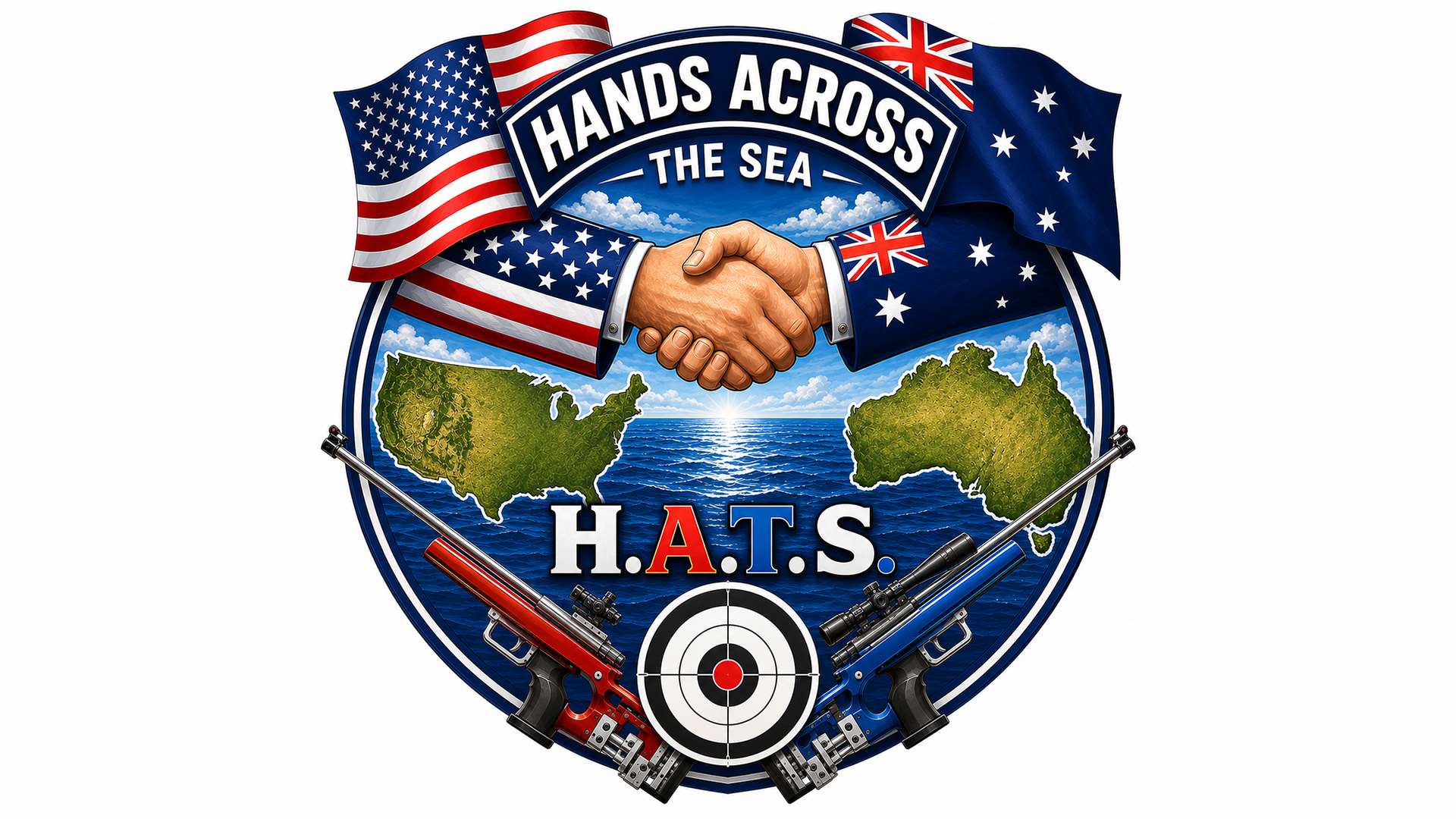 Hands Across The Sea logo featuring American and Australian flags above a handshake, maps of the United States and Australia, the H.A.T.S. acronym, two rifles flanking a bullseye target, and ocean imagery