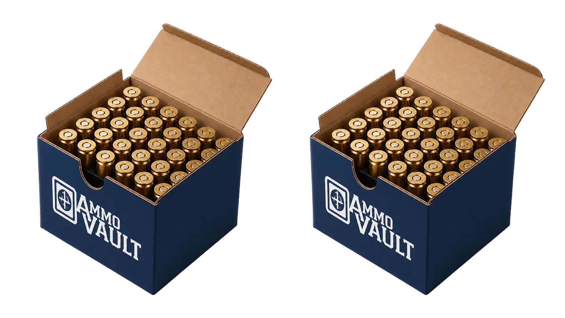 Two stylized open navy AmmoVault boxes side by side, each filled with brass-cased cartridges standing on their bases