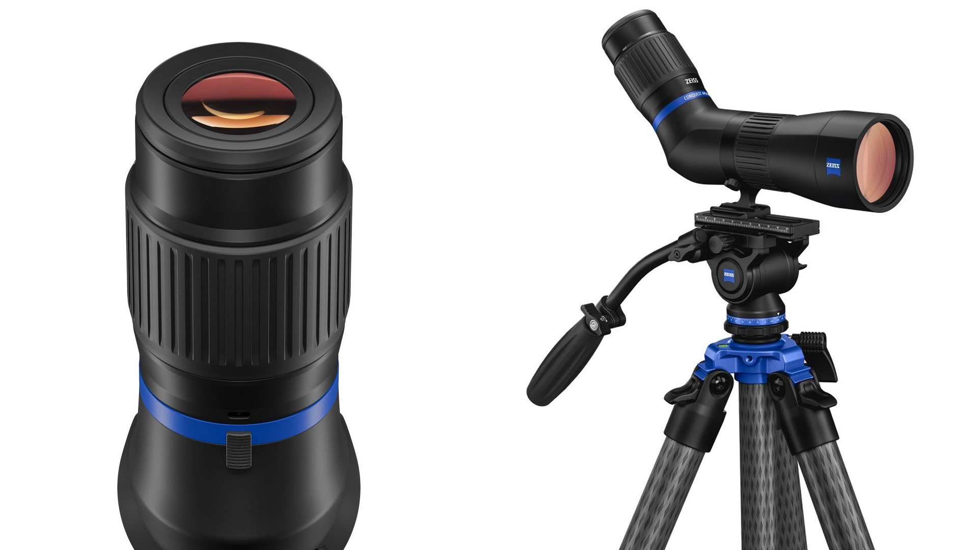 Zeiss Conquest Apia 65 spotting scope mounted on a tripod on white background