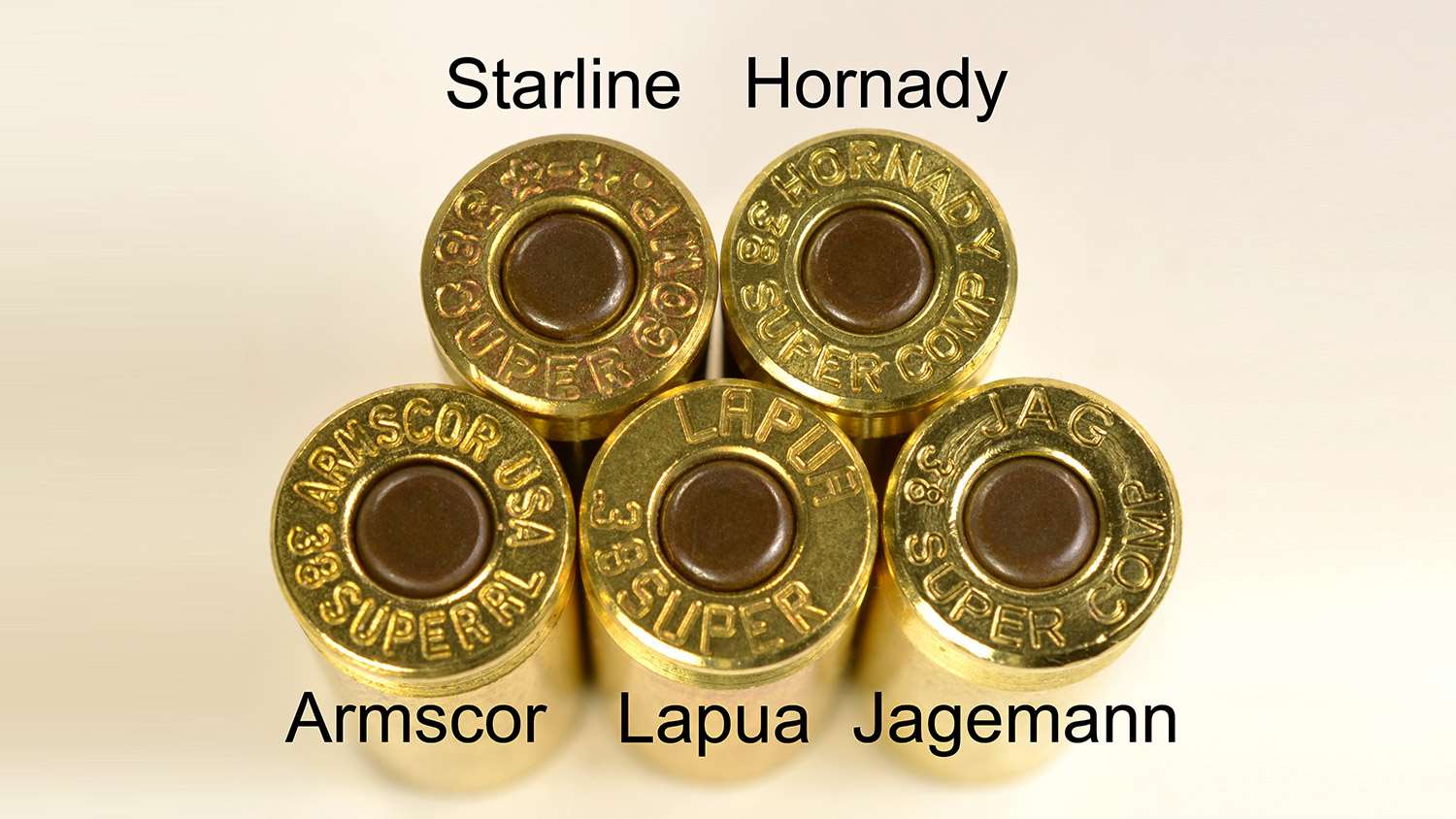 Headstamps of various rimless .38 Super cases.