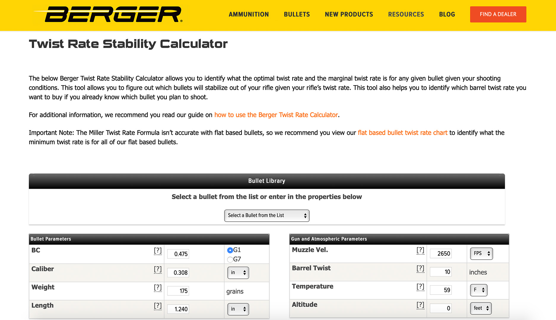 Berger Twist Rate Stability Calculator