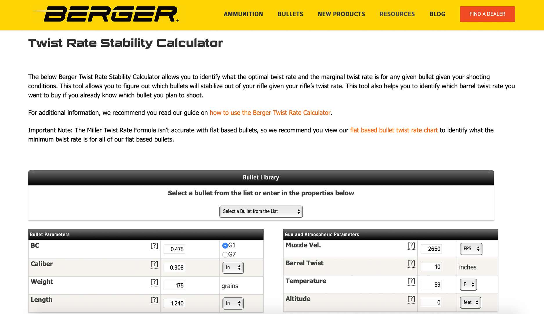 Berger Twist Rate Stability Calculator
