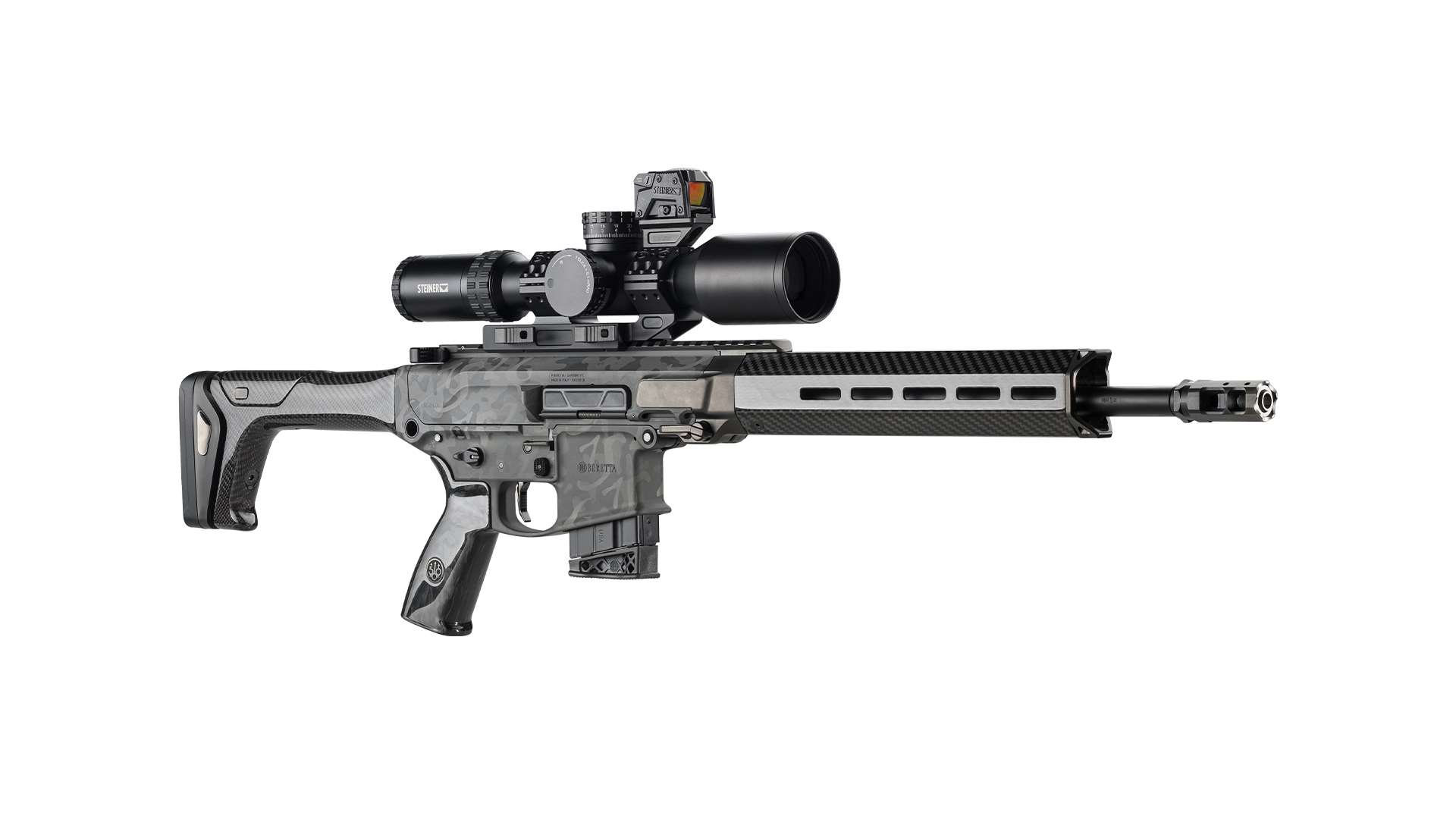 Side profile of the Beretta Titan semi-automatic rifle showing carbon-fiber stock and fore-end, grey camo receiver and mounted Steiner scope