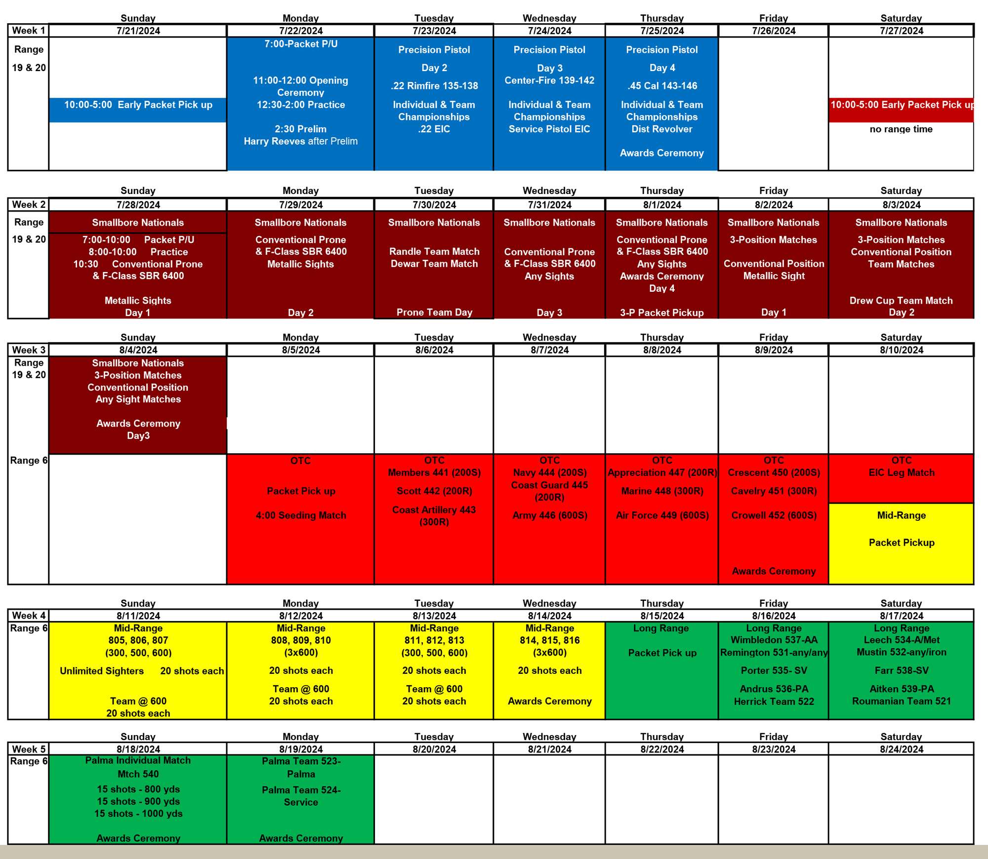 2024 NRA National Matches Calendar