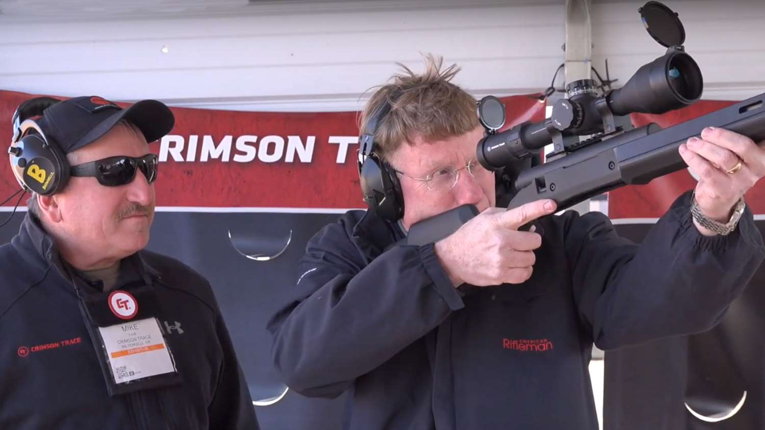 Mike Faw of Crimson Trace and American Rifleman&#x27;s Mark Keefe at SHOT Show 2019 Industry Day at the Range