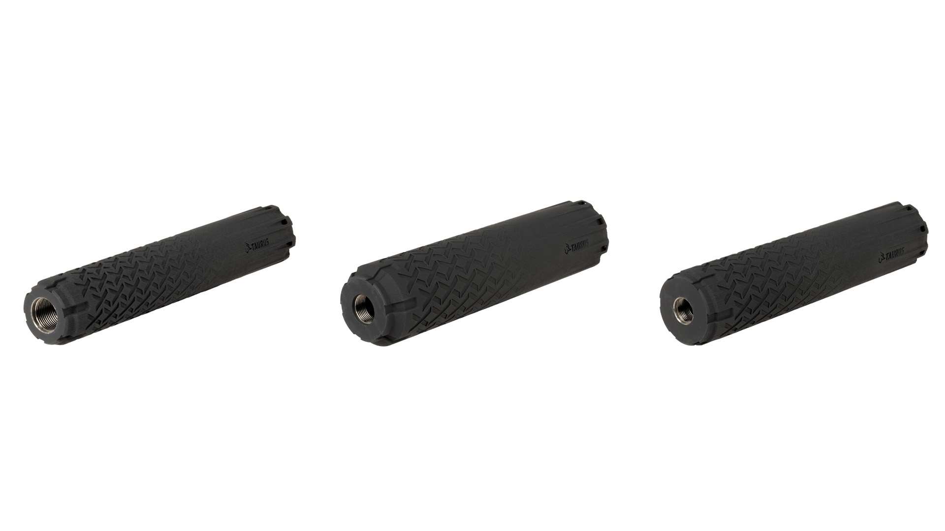 Three black Taurus TTX suppressors with textured titanium bodies, shown side by side on a white background