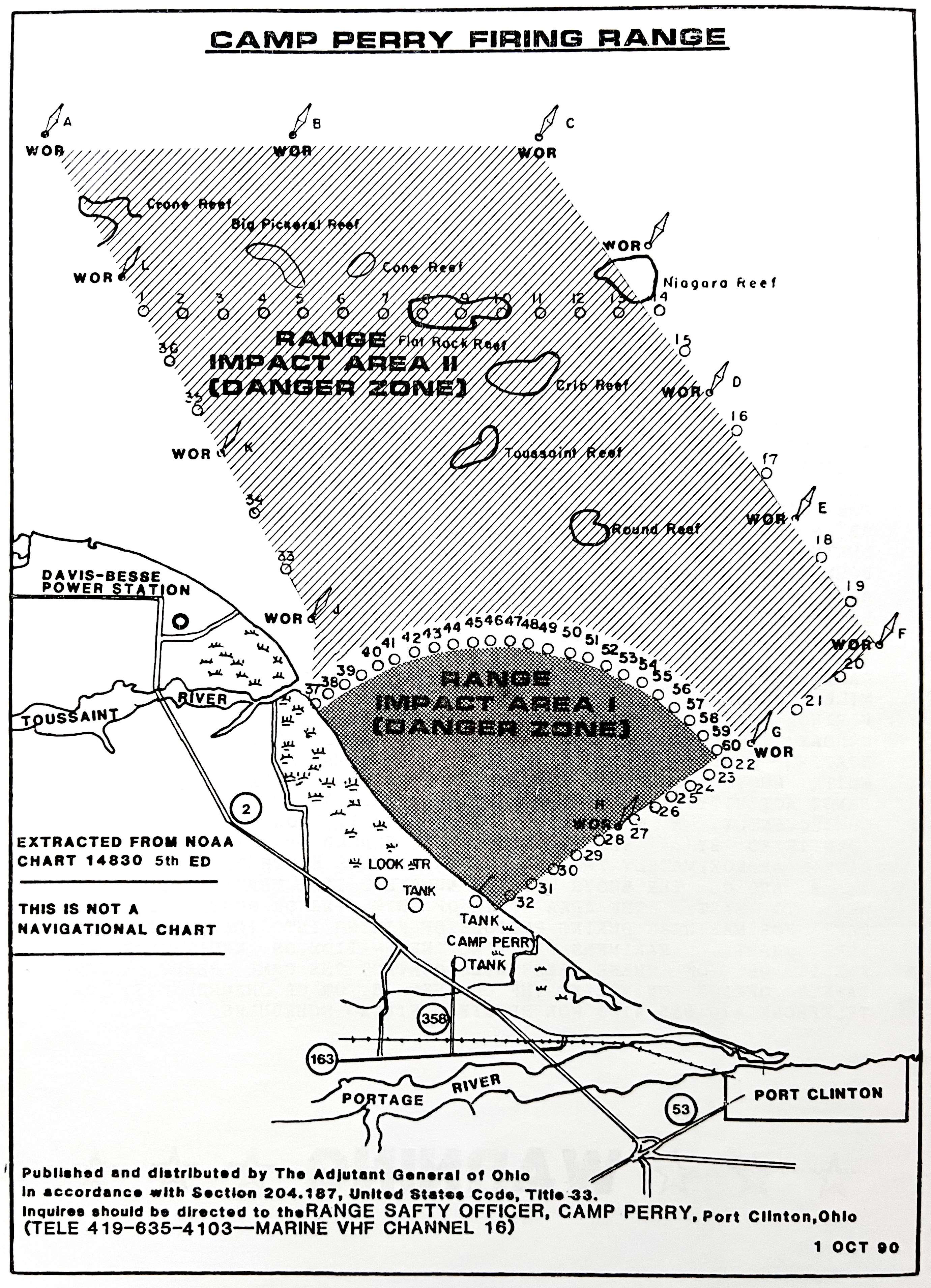 Line chart of the Camp Perry firing range showing Range Impact Areas I and II marked as danger zones over Lake Erie, with buoy positions, named reefs, the Toussaint River and Port Clinton