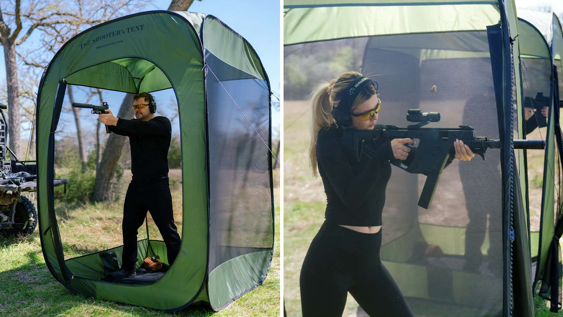 Two examples of the Shooter’s Tent in use to catch brass
