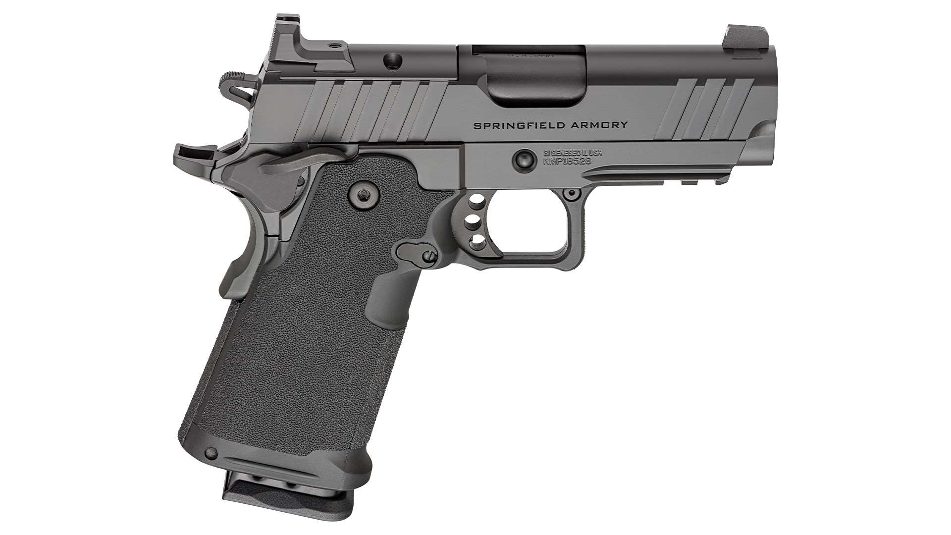 Right-side profile of the Springfield Armory 1911 DS Prodigy 3.5-inch AOS 9 mm pistol in black Cerakote, with the slide milled for an Agency Optic System plate