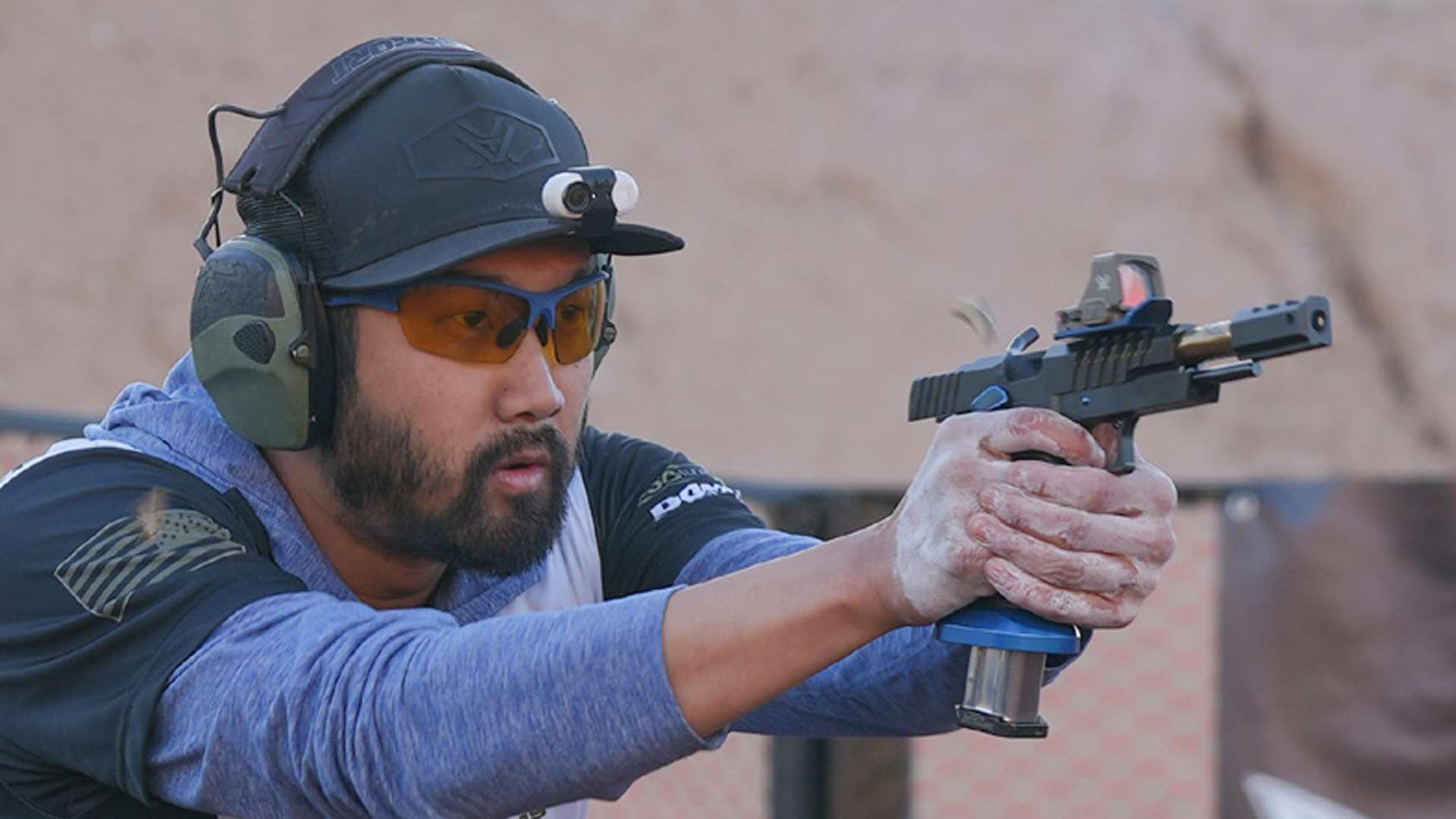 USPSA competitor Mike Hwang shoots during the 2025 Vortex Optics Race Gun Nationals at the SUPS range in Hurricane, Utah