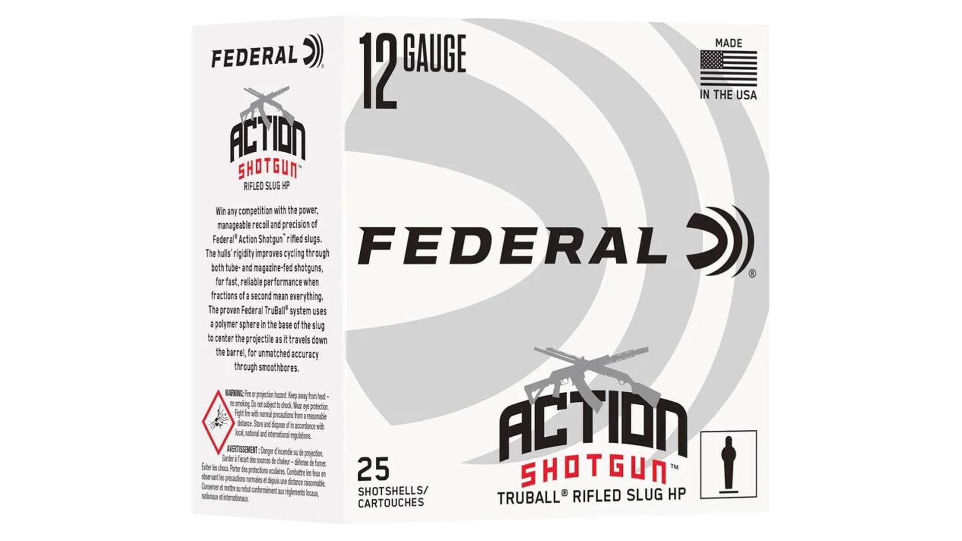 Front and side panels of a Federal Action Shotgun TruBall rifled slug HP box, 12 gauge, 25 shotshells, made in the USA