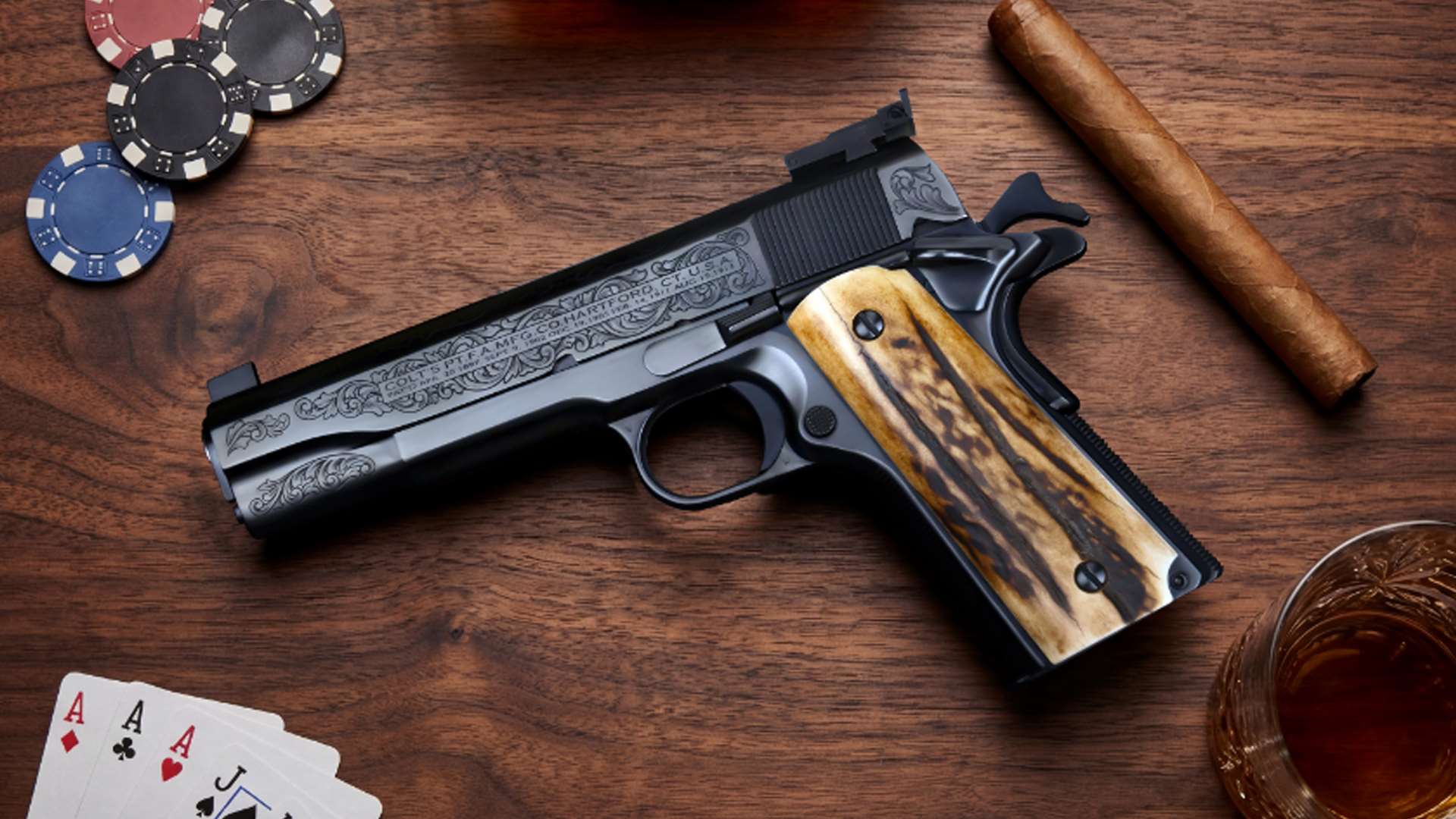 'Sweetheart' Colt 1911 recreation inspired by Al Capone’s famous handgun, displayed on a wooden surface with Prohibition-era props arranged around it