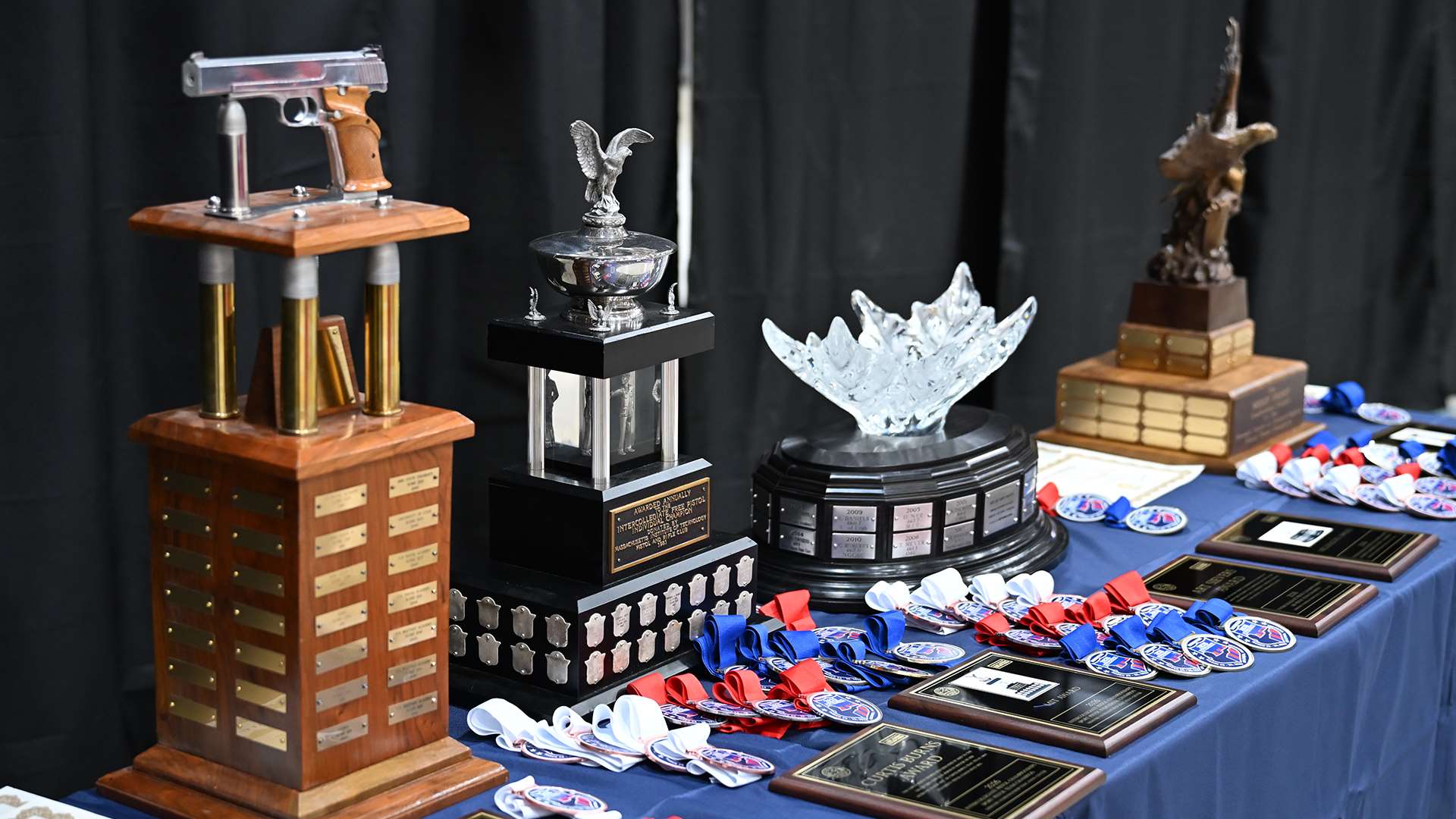NRA Collegiate Pistol trophies during the 2026 Intercollegiate Pistol Championship in Columbia, Missouri