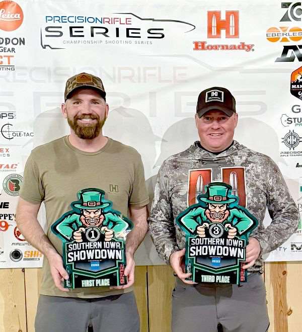 Clay Blackketter and Hornady Assistant Director of Engineering Joe Thielen with trophies at 2026 Southern Iowa Showdown awards ceremony