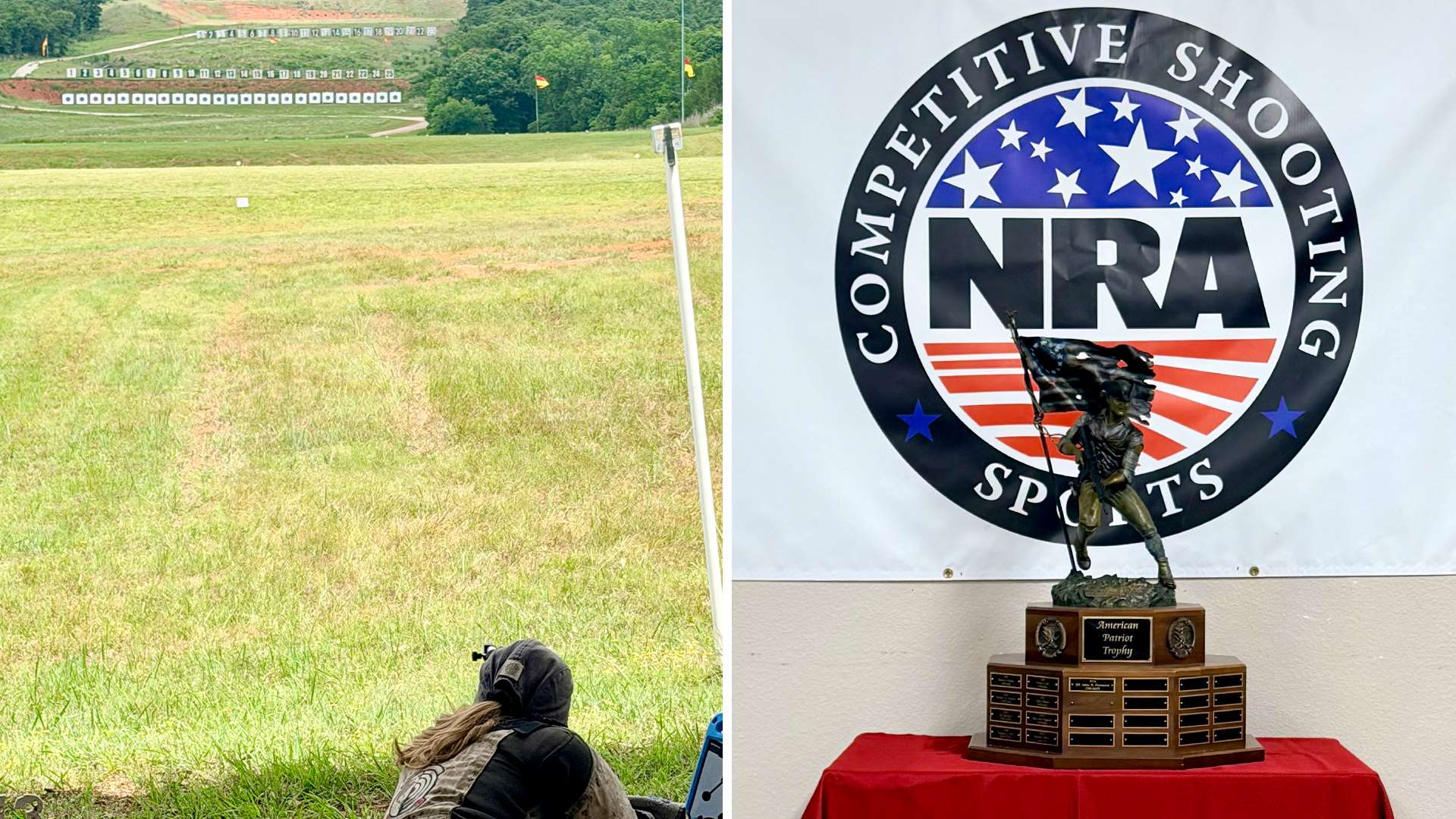 Composite image showing a shooter on the 600-yard line at Oklahoma City Gun Club next to a photo of the Patriot Minuteman Trophy displayed under the NRA Competitive Shooting Sports banner