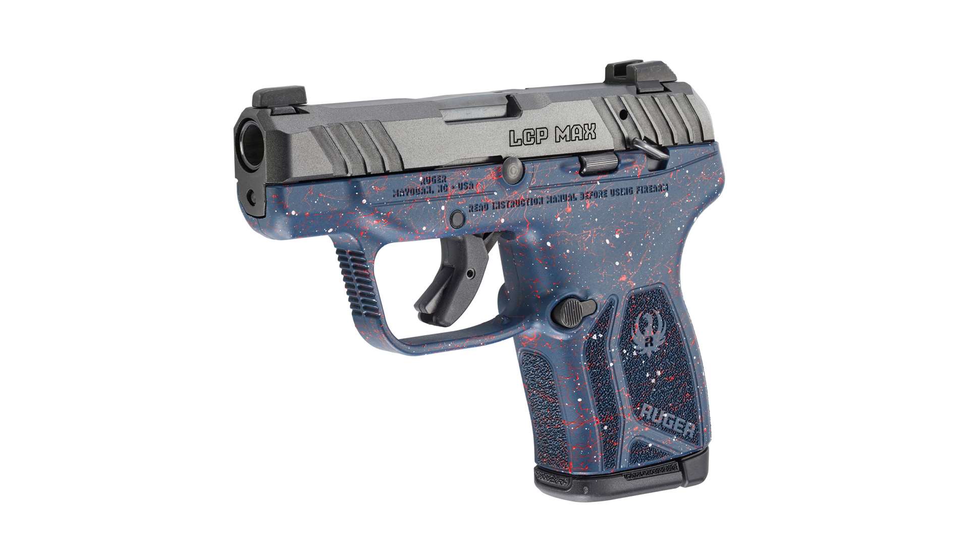 Ruger 250th Anniversary Series LCP MAX .380 ACP pistol with Liberty Blue grip frame red and white splatter pattern and slide engraved Made in the 250th Year of American Liberty