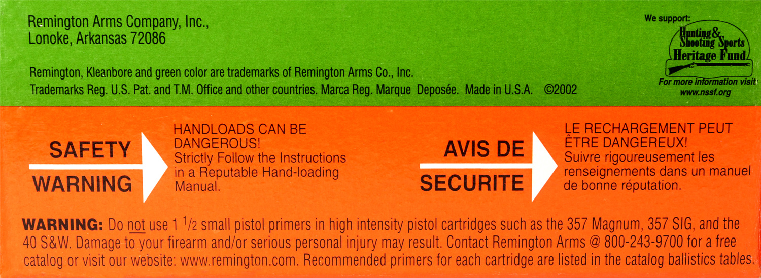 Remington 1 1/2 Pistol Primers Warning