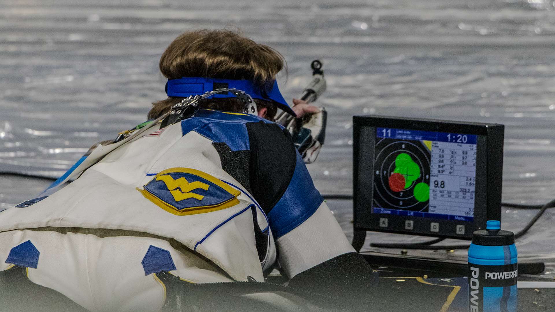 West Virginia junior Griffin Lake in prone position during smallbore three-position competition at the 2025 NCAA Rifle Championship