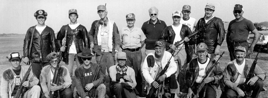 Virginia State High Power Rifle Team members pose for a group photo at the National Matches in 1978