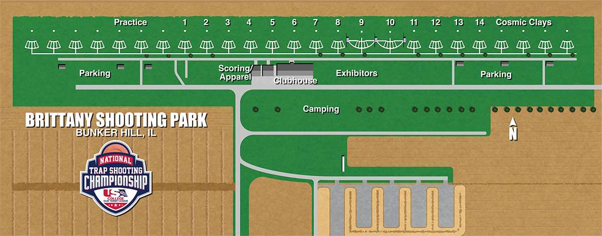 Illustrated map of Brittany Shooting Park showing practice fields, trap fields 1 through 14, Cosmic Clays fields, the clubhouse, scoring and apparel tent, exhibitor area, parking and camping.