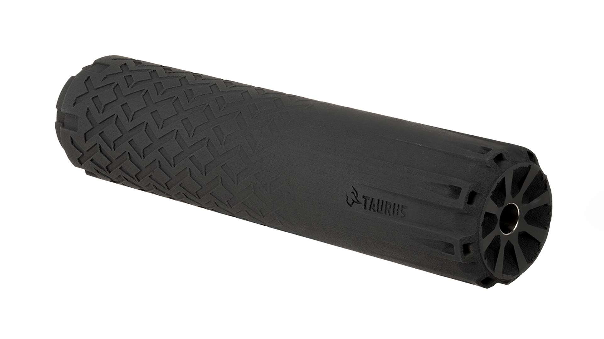 Black Taurus TTX30 rifle suppressor with a vented end cap and the Taurus logo on its body