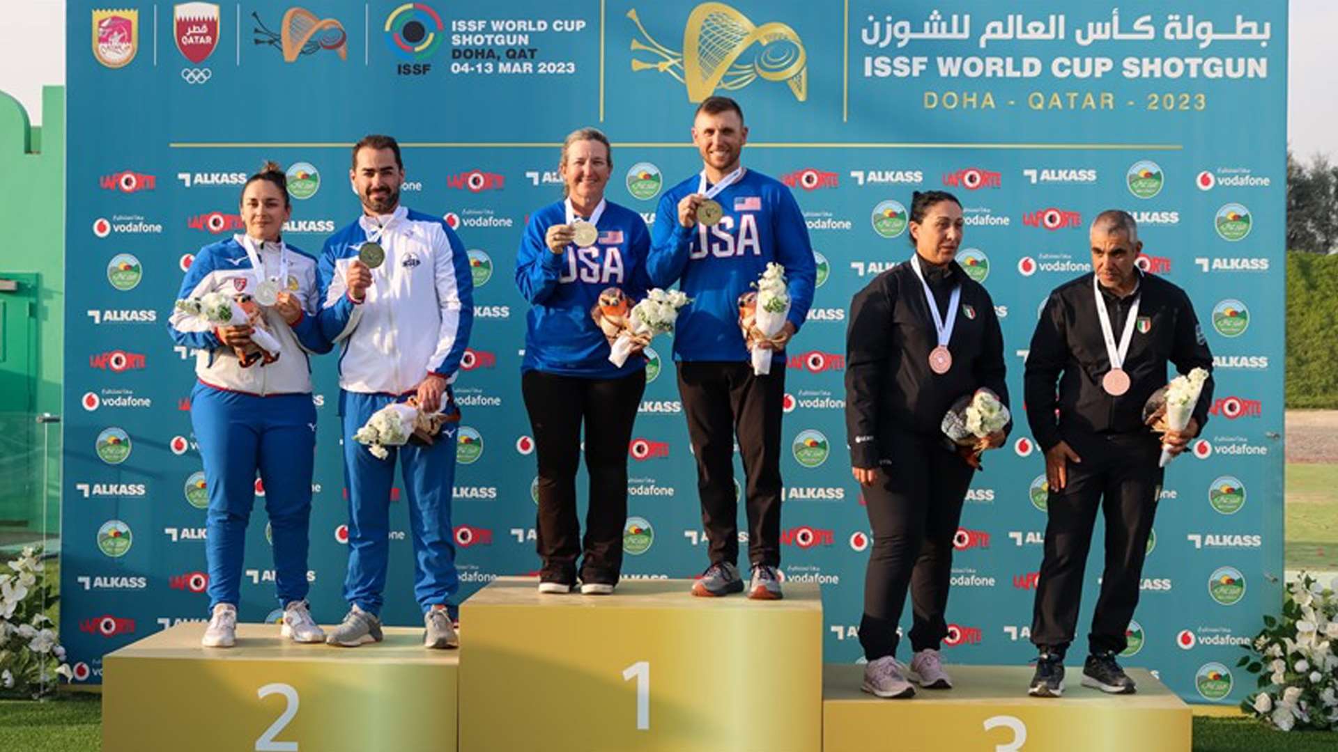 Kim Rhode and Vincent Hancock on Mixed Team Skeet podium