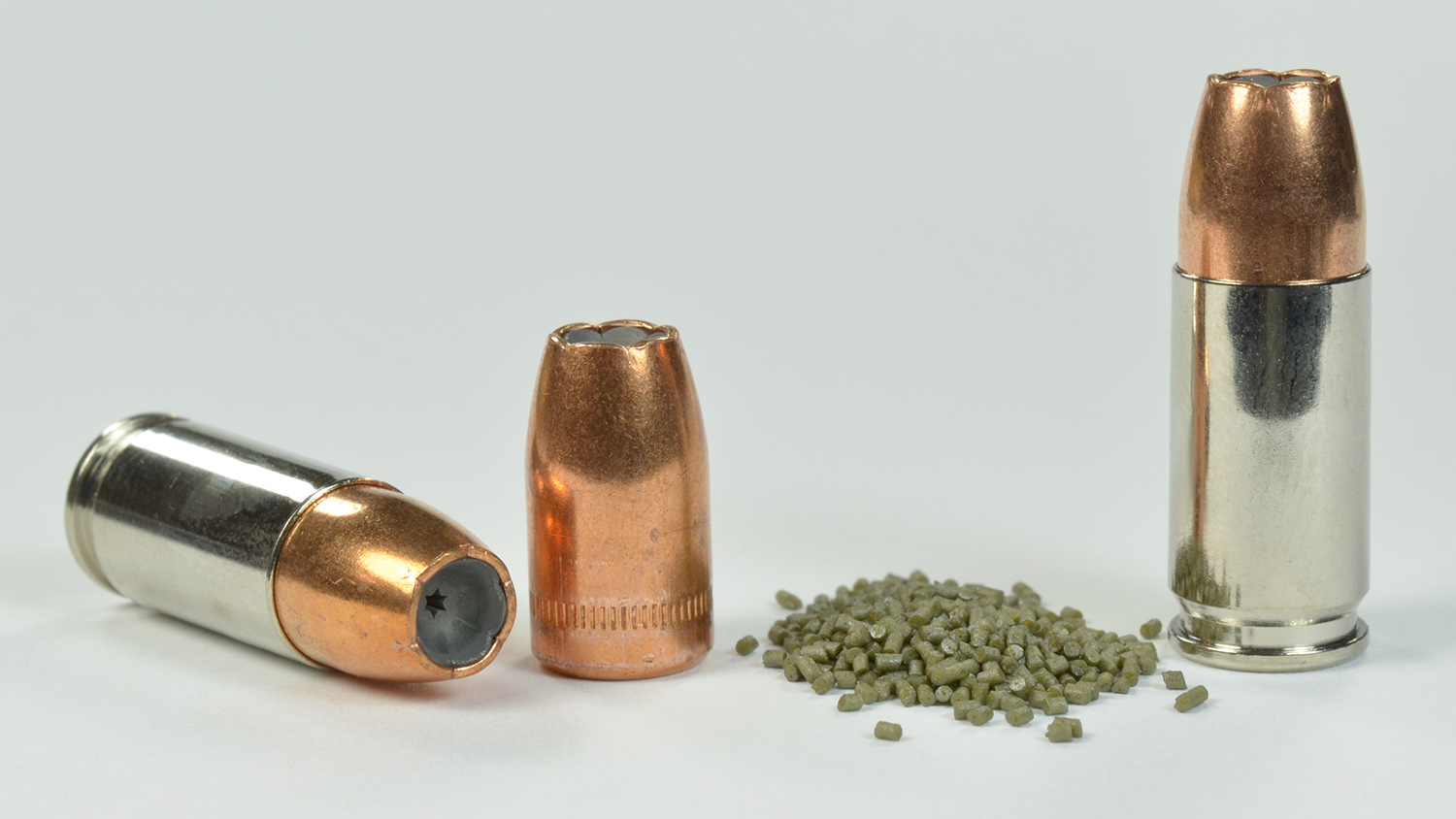 FIGURE 1: SIG’s Match Elite 9mm ammunition is loaded in their premium nickel-plated cases for maximum reliability. The powder weighed 4 grains. The overall length of 10 rounds was very uniform, ranging from 1.105 inches to 1.109 inches