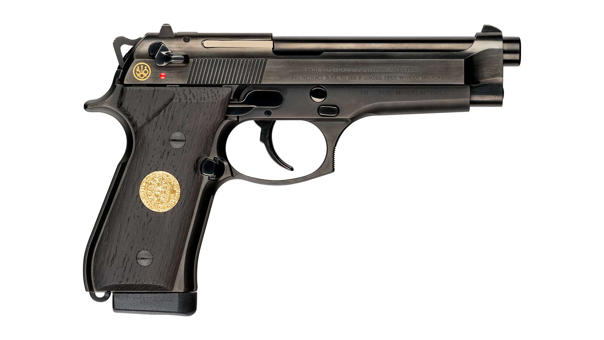 Right-side profile of a Beretta 92FS Ducato pistol with a dark DLC finish, black oak grips and a gold Venetian ducat reproduction insert