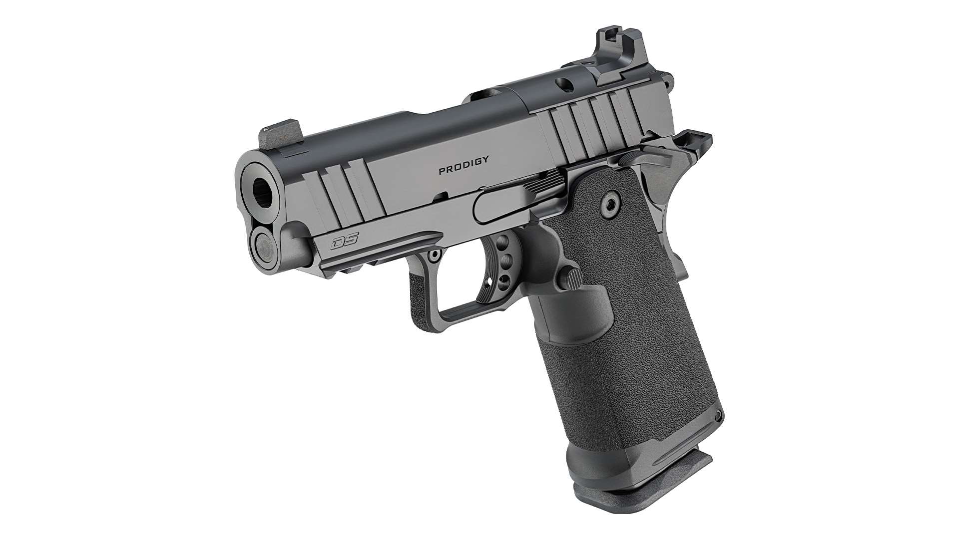 Three-quarter front view of the black Springfield Armory 1911 DS Prodigy 3.5-inch AOS pistol, showing the muzzle, Picatinny accessory rail and textured polymer grip module