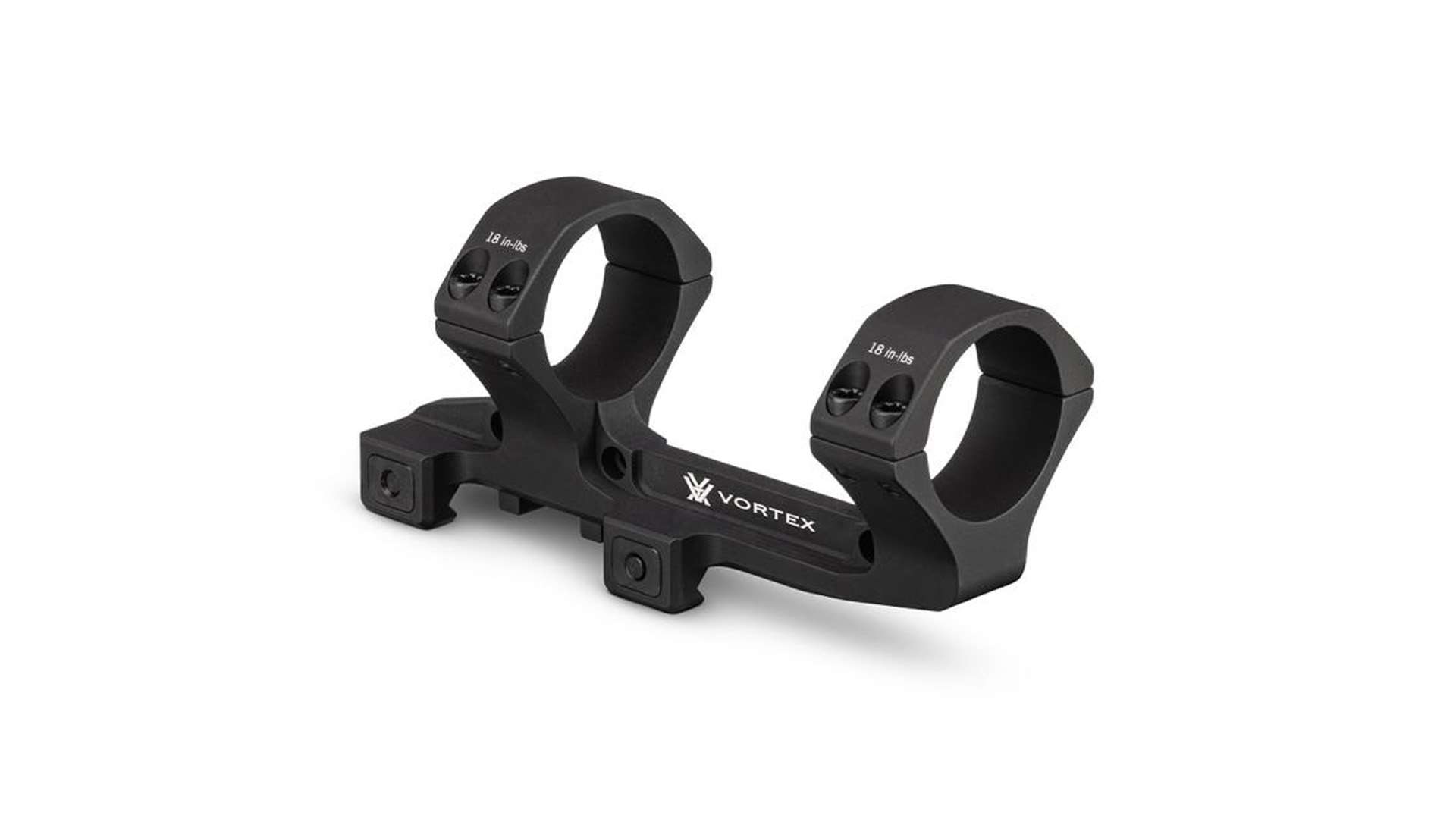 Black Vortex Pro Cantilever Mount with two 34 mm rings marked "18 in-lbs" on a white background