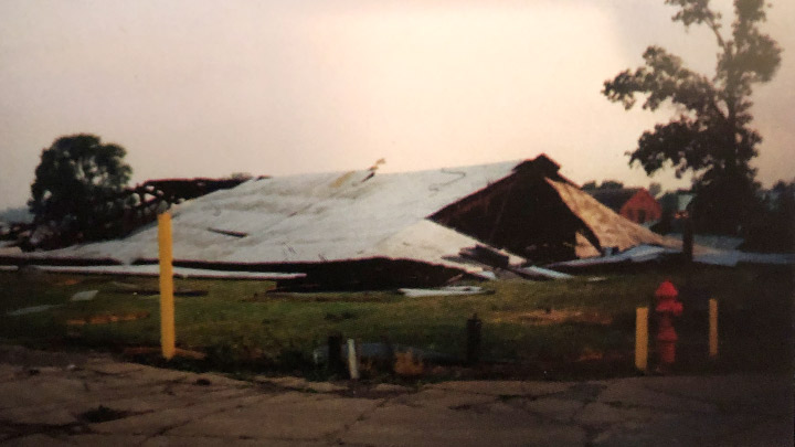 Building damaged by tornado at Camp Perry in June, 1998