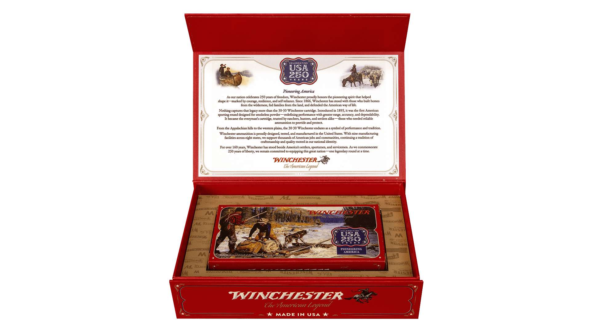 Close-up of Winchester USA 250th Anniversary ammunition box art showing American illustration