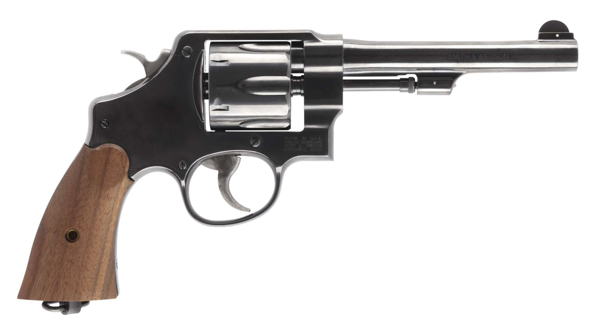 Right-side profile of a blued Smith &amp; Wesson Model 22 of 1917 Classic revolver with a 5.5-inch barrel, half-moon front sight, walnut grips and lanyard ring