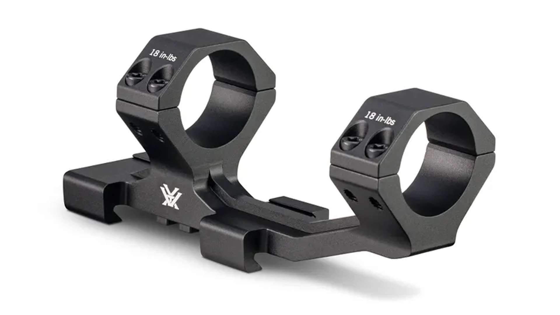 Vortex Sport Cantilever 30 mm scope mount with two rings, a Picatinny base and a forward cantilever offset, each ring cap engraved "18 in-lbs," shown against a white background
