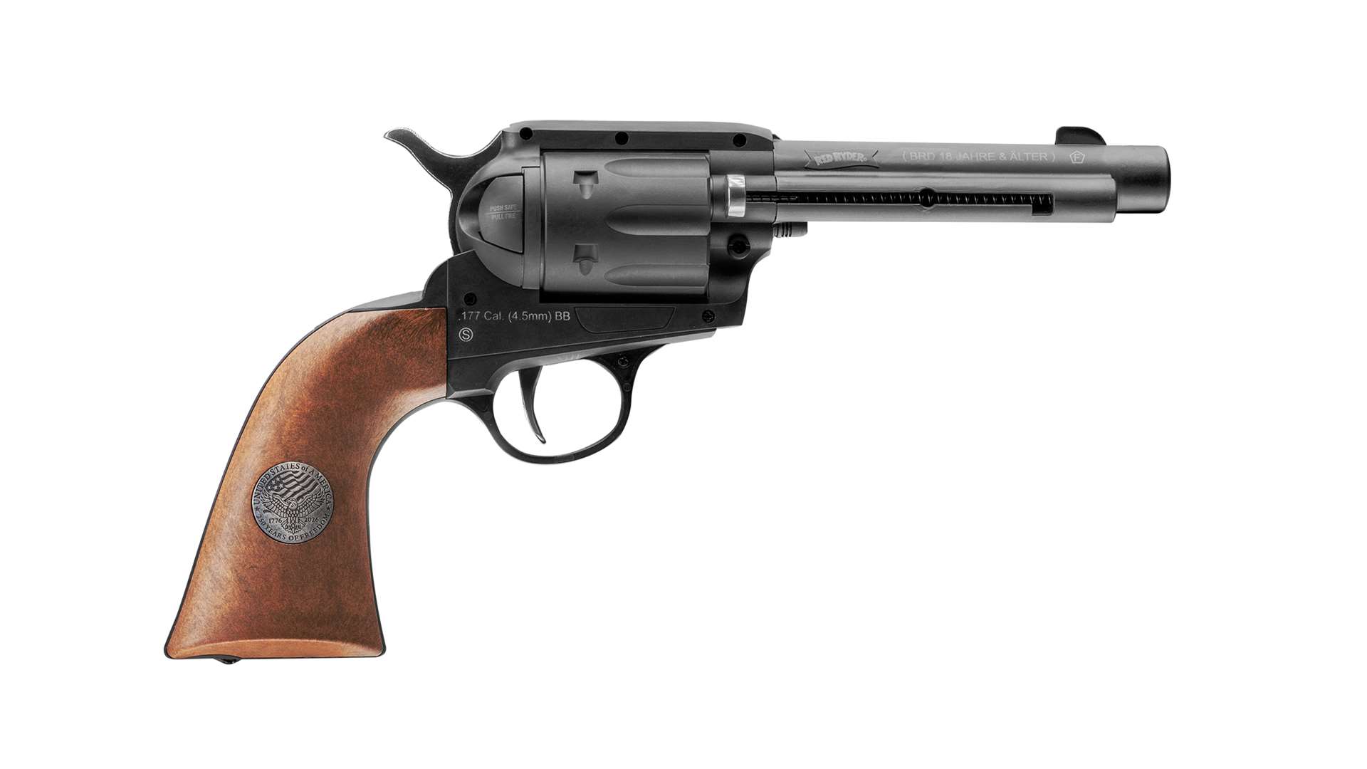 Daisy 250th Anniversary Red Ryder Revolver CO2 BB pistol in .177 caliber with black finish, wood-grain grips and embedded United States of America 250 Years of Freedom medallion