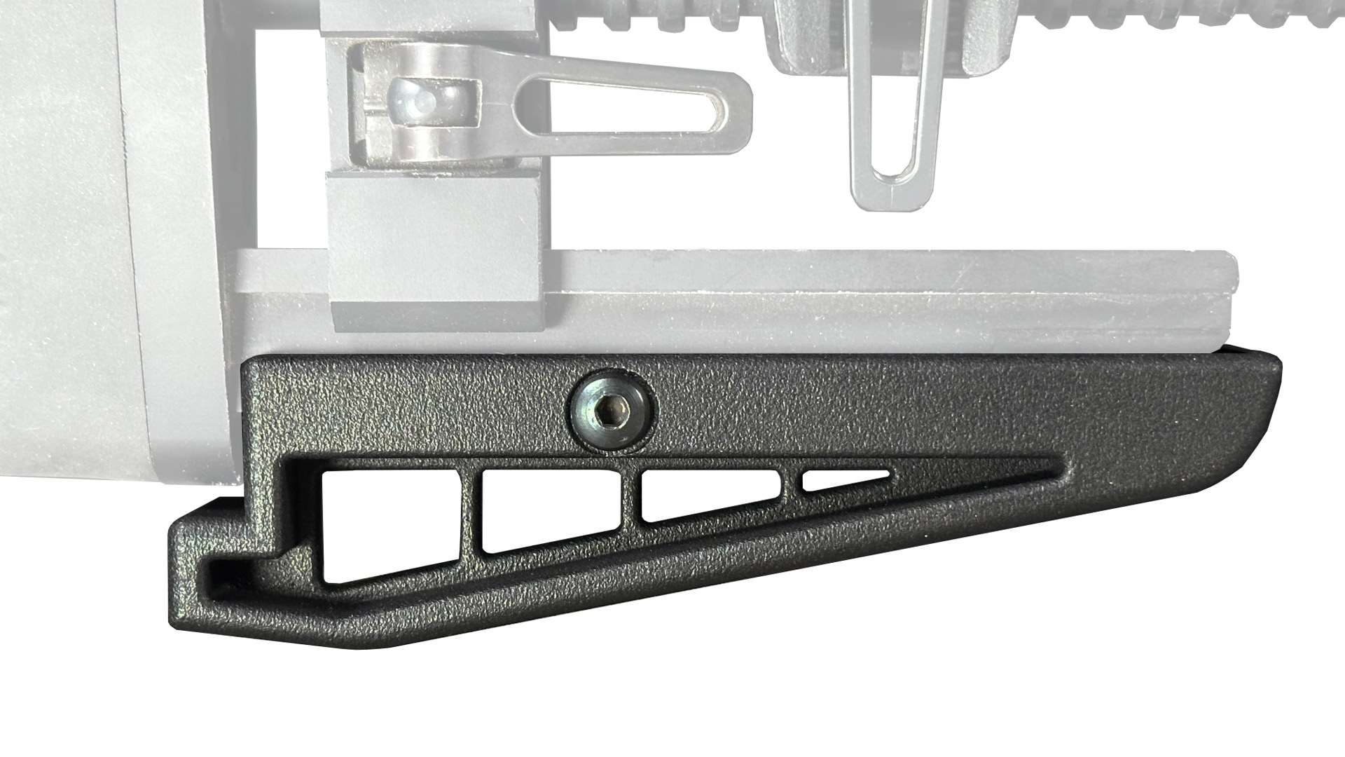 Black polymer Catalyst Arms Apex Bag Rider 2.0 with three relief cutouts mounted beneath a Ruger Precision Rifle buttstock rail