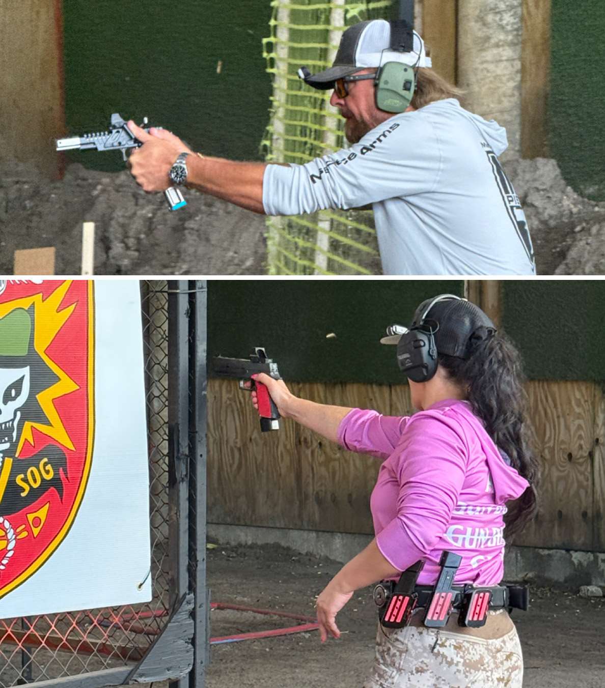 Composite image showing a male USPSA competitor shooting an Open pistol next to a female competitor engaging targets at a stage decorated with MACV-SOG military insignia