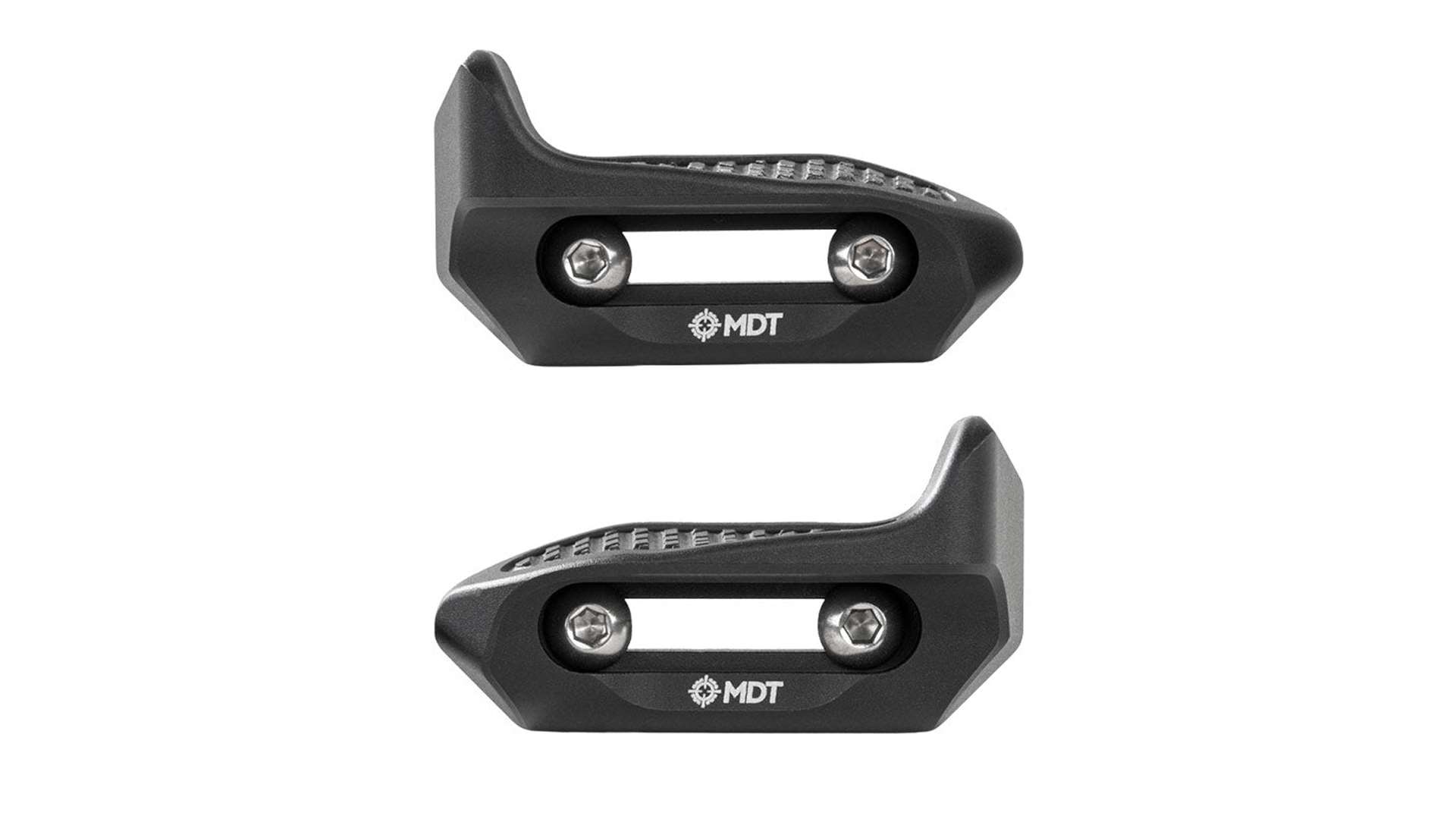 Pair of black MDT Rifle Control Points aluminum thumbshelves with M-Lok mounting hardware shown against a white background