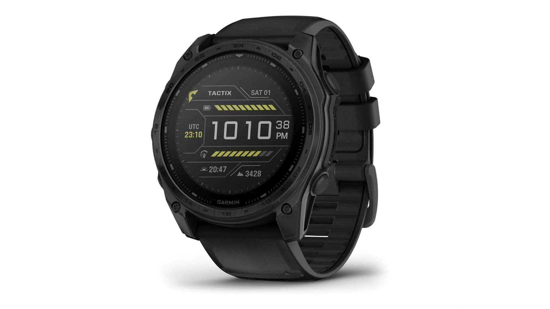 Black Garmin tactix 8 smartwatch with a tactical digital watch face on a white background