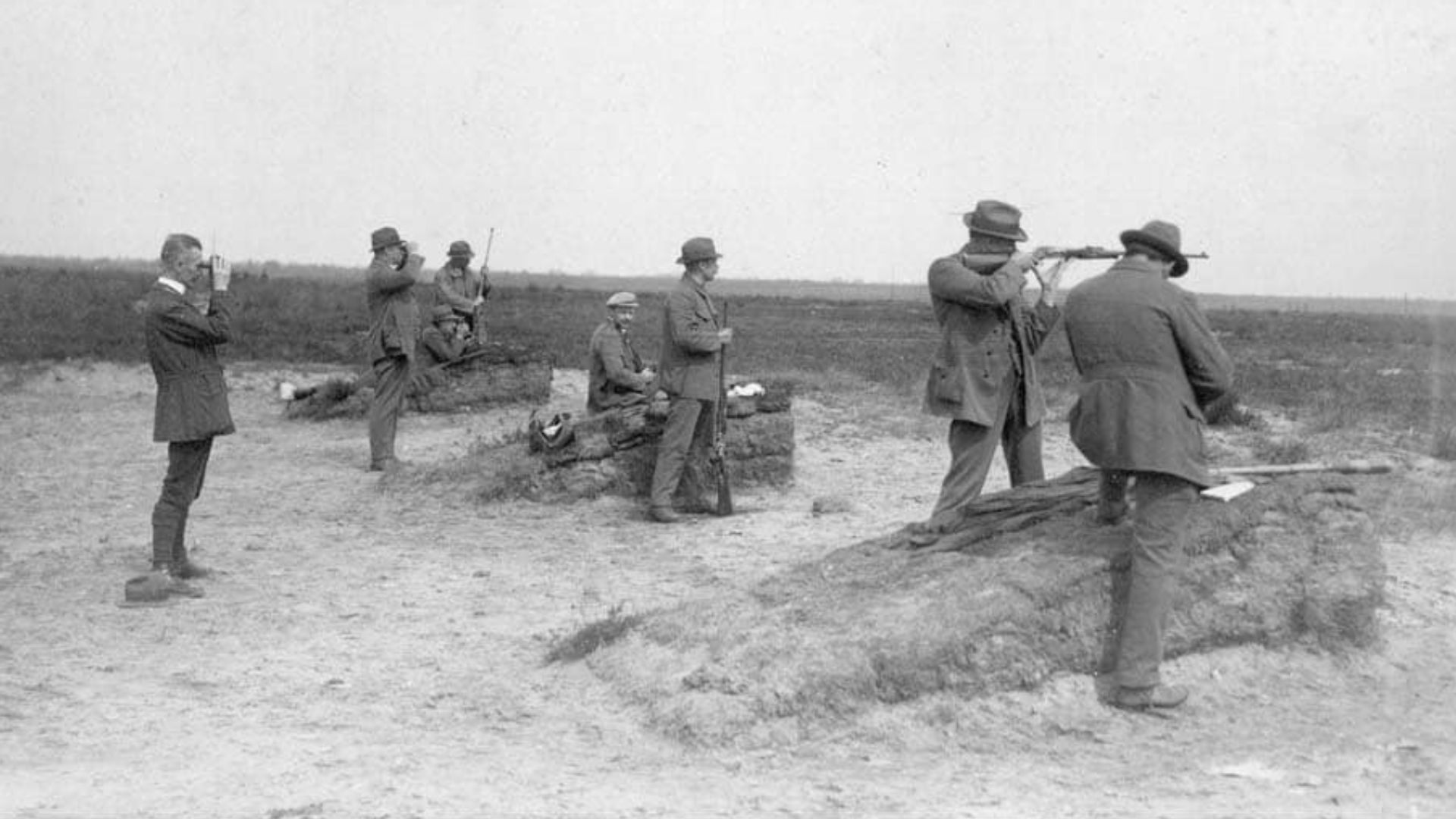 Norwegian shooting team in action at Beverloo Camp during the Antwerp 1920 Olympic Games.