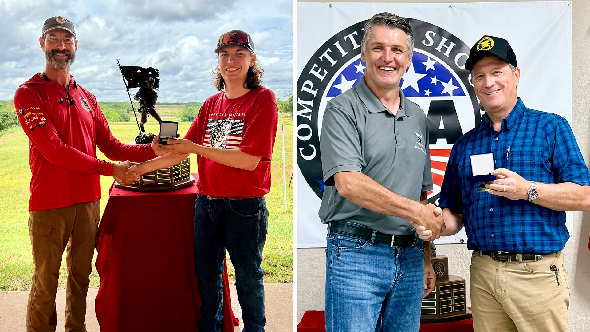 Composite image showing High Junior Ian Toliver receiving an award outdoors next to Mid-Range Palma Champion Oliver Milanovic receiving recognition from NRA First Vice President Mark Vaughan